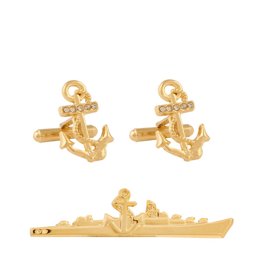 TRIPIN Ship and Anchor Shape Cufflinks and TIE PIN Set for Men Branded Golden Gold Colour for Office Corporate Wedding Party French Cuff Shirts Shirt Suit Blazer in A Gift Box TSHOSILSET1427