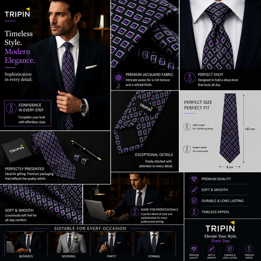 TRIPIN Ties for Men - Black and Purple Jacquard Fabric Neckties for Party and Wedding - Elevate Your Style with Classic and Elegant Neck Ties 2180
