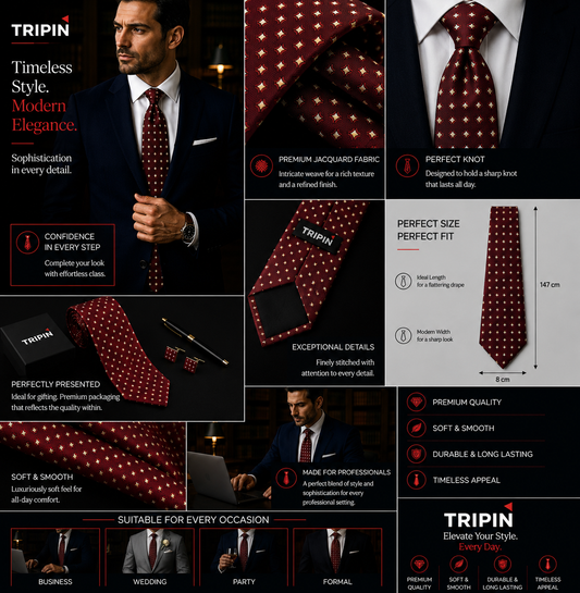 TRIPIN Ties for Men - Dark Maroon Jacquard Fabric Neckties for Party and Wedding - Elevate Your Style with Classic and Elegant Neck Ties 2183