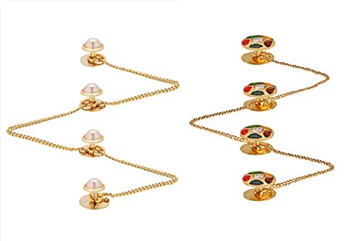 TRIPIN Brass Kurta Buttons with Pearl Effect Stone and Chain TNSPKURTA1987 (Pearl + Multi Color)