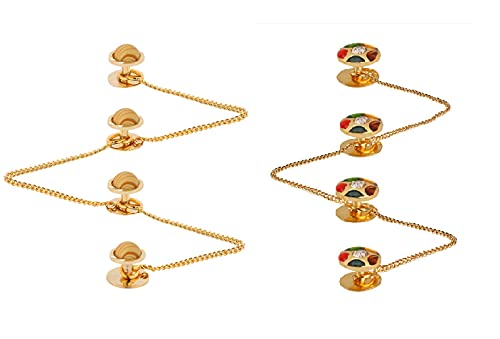 TRIPIN Brass Kurta Buttons with Pearl Effect Stone and Chain TNSPKURTA1988 (Wooden Studs + Multi Color)