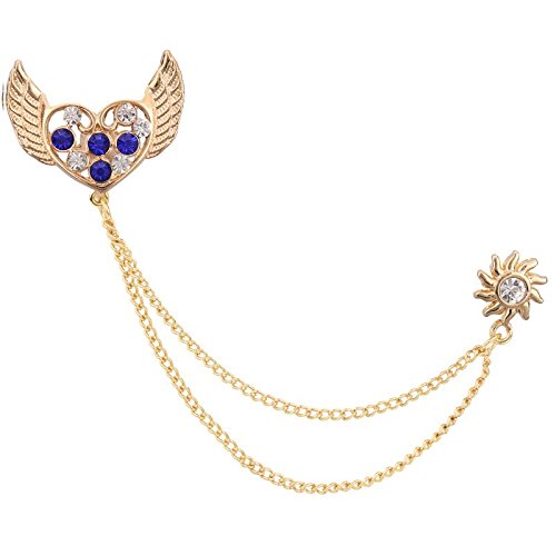 TRIPIN Blue Brass Golden Heart Diamond Crystal with Wings Shape Lapel Pin Collar Chain Brooch for Men and Women