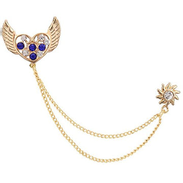 TRIPIN Blue Brass Golden Heart Diamond Crystal with Wings Shape Lapel Pin Collar Chain Brooch for Men and Women