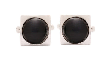 TRIPIN Silver Cufflinks Set for Men with Balck Stone HSSPSIL1157