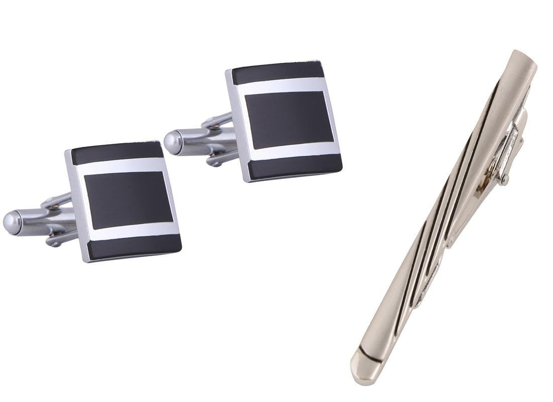 TRIPIN Cufflinks and TIE PIN Set for Men Silver Black Colour for Office Corporate Party French Cuff Shirts Shirt Suit Blazer in A Gift Box 63-631