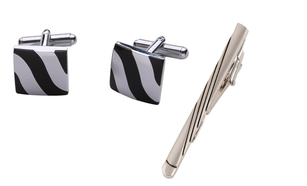 TRIPIN Cufflinks and TIE PIN Set for Men Silver Black Colour for Office Corporate Party French Cuff Shirts Shirt Suit Blazer in A Gift Box 79-631