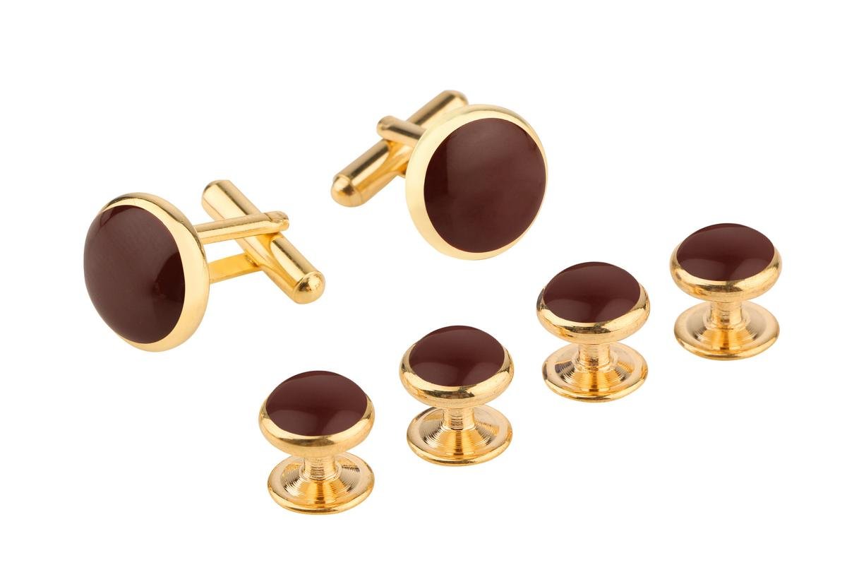 Tripin Black and Golden Gold Brown Tuxedo Button Studs with Matching Cufflinks for Men in a Gift Box TSHOSIL1679