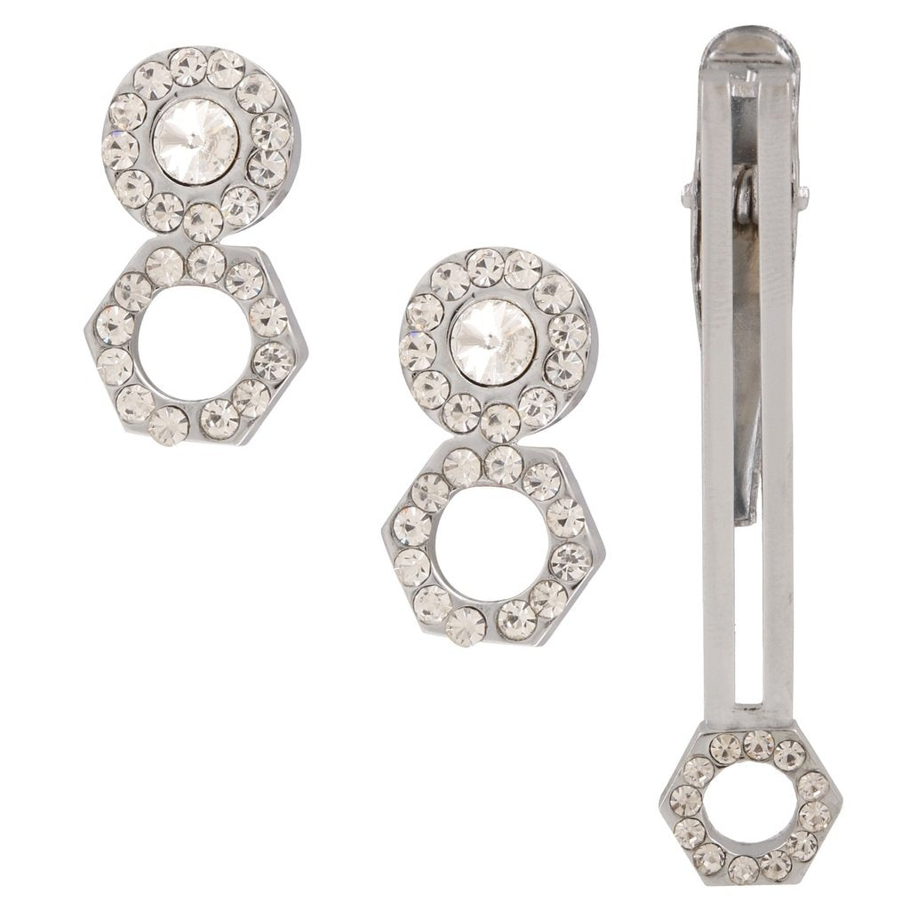 TRIPIN Cufflinks and TIE PIN Set for Men Silver Diamond Crystal for Office Corporate Party French Cuff Shirts Shirt Suit Blazer in A Gift Box TMNXAPZSIL736